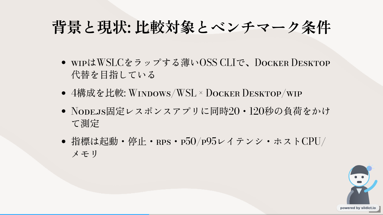 自作CLIツールwipとDocker DesktopをWindows上で同条件ベンチマークしてみた結果のサムネイル（3ページ目）